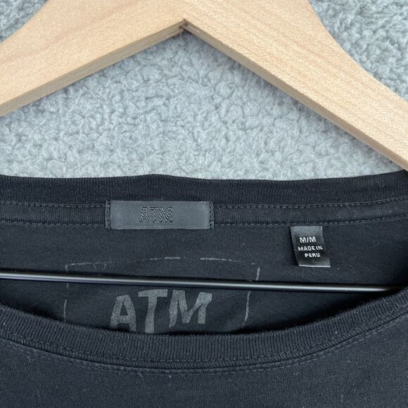 ATM Top Medium Ruffled 3/4 Sleeve Round Neck Black Jersey Blouse Career Minimal - Picture 7 of 13